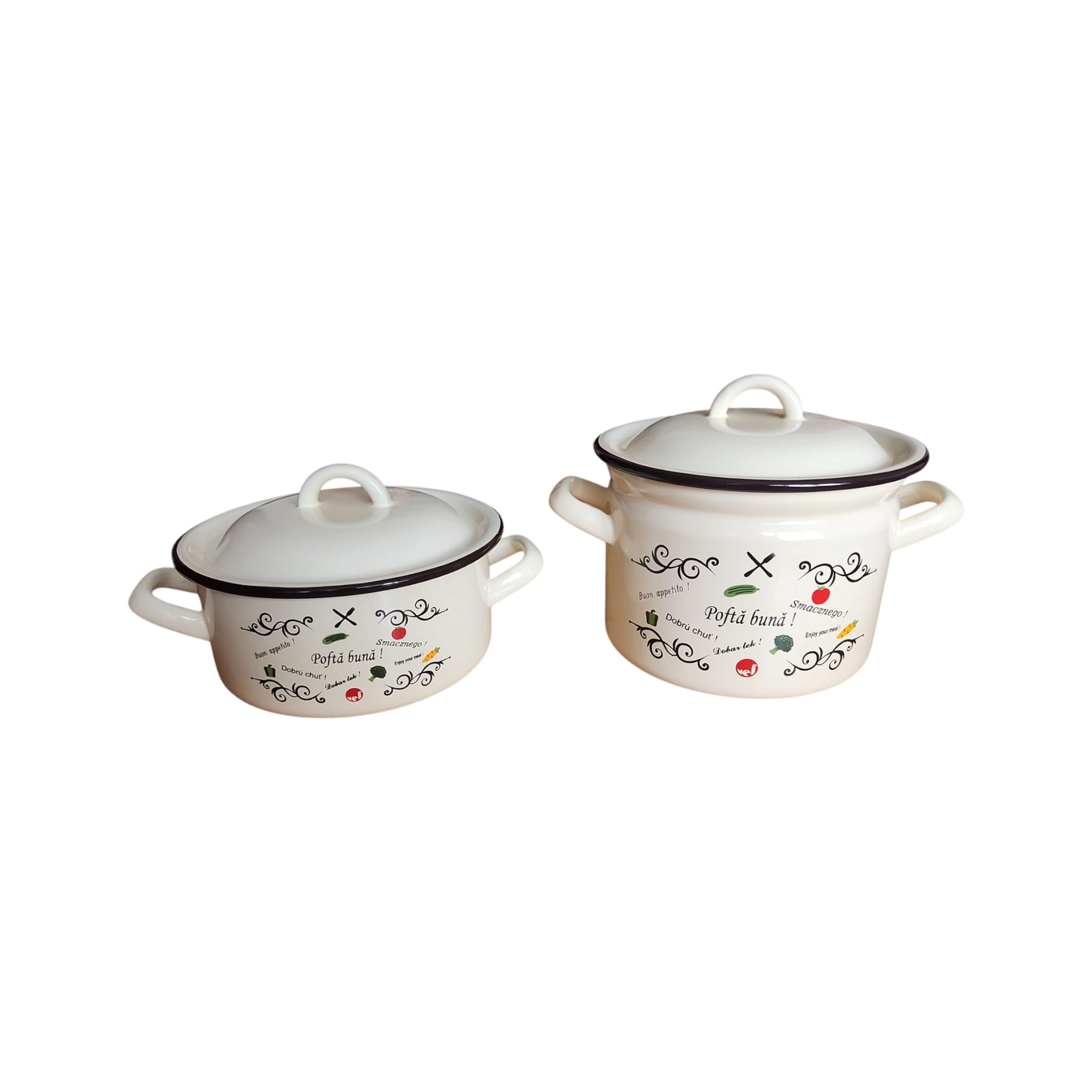 Set 2 vase emailate, decor Pofta buna, cu capace, cratiță 2 litri si oală 3,5 litri, diametru 18 cm Set 2 vase emailate, decor Pofta buna, cu capace, cratiță 2 litri si oală 3,5 litri, diametru 18 cm